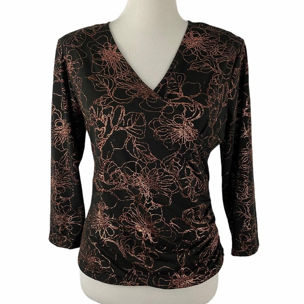 MSK Black Rose Gold Glitter Floral Wrap Top L - Picture 3 of 13